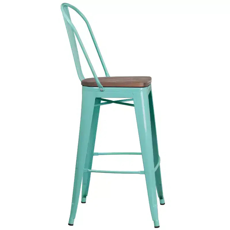 30" Metal Indoor-Outdoor Counter Stool with Vertical Slat Back, Integrated Footrest and Wood Seat