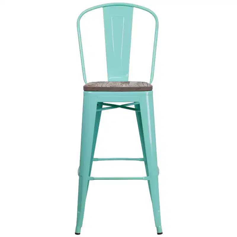 30" Metal Indoor-Outdoor Counter Stool with Vertical Slat Back, Integrated Footrest and Wood Seat