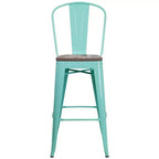 Tabouret de comptoir intérieur/extérieur en métal de 30 po avec dossier à lattes verticales, repose-pieds intégré et siège en bois