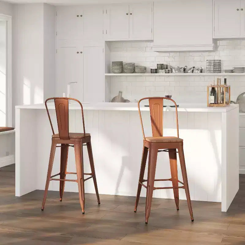 30" Metal Indoor-Outdoor Counter Stool with Vertical Slat Back, Integrated Footrest and Wood Seat