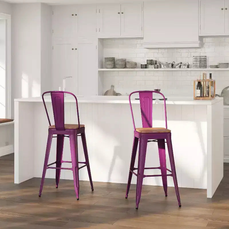 30" Metal Indoor-Outdoor Counter Stool with Vertical Slat Back, Integrated Footrest and Wood Seat