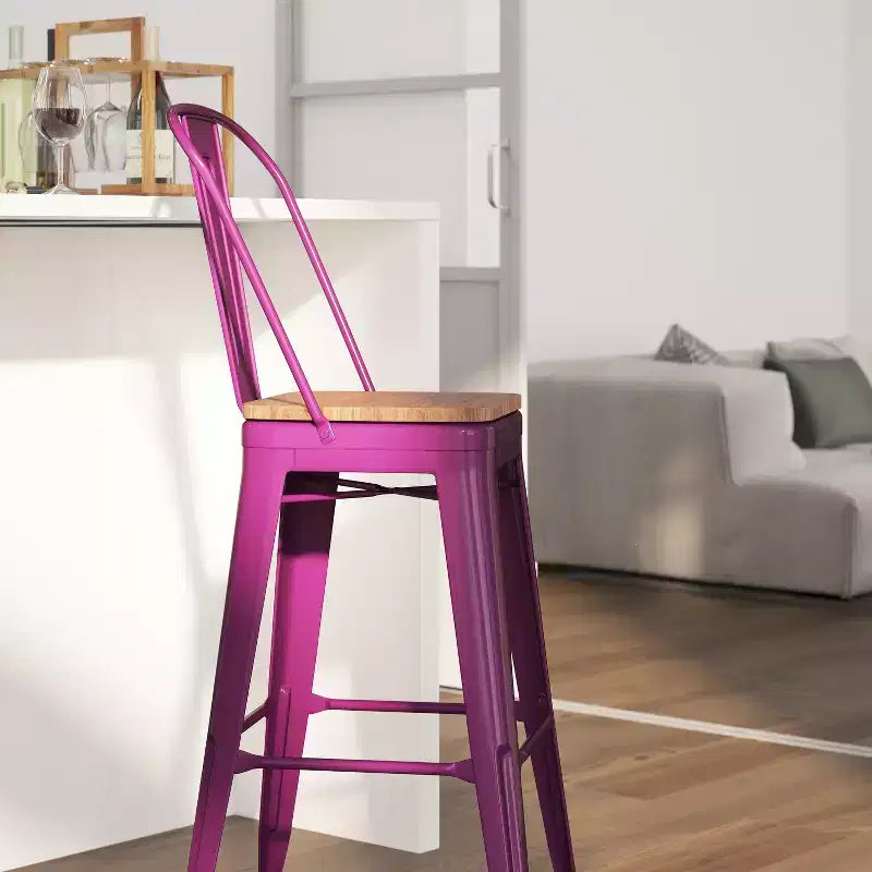 30" Metal Indoor-Outdoor Counter Stool with Vertical Slat Back, Integrated Footrest and Wood Seat