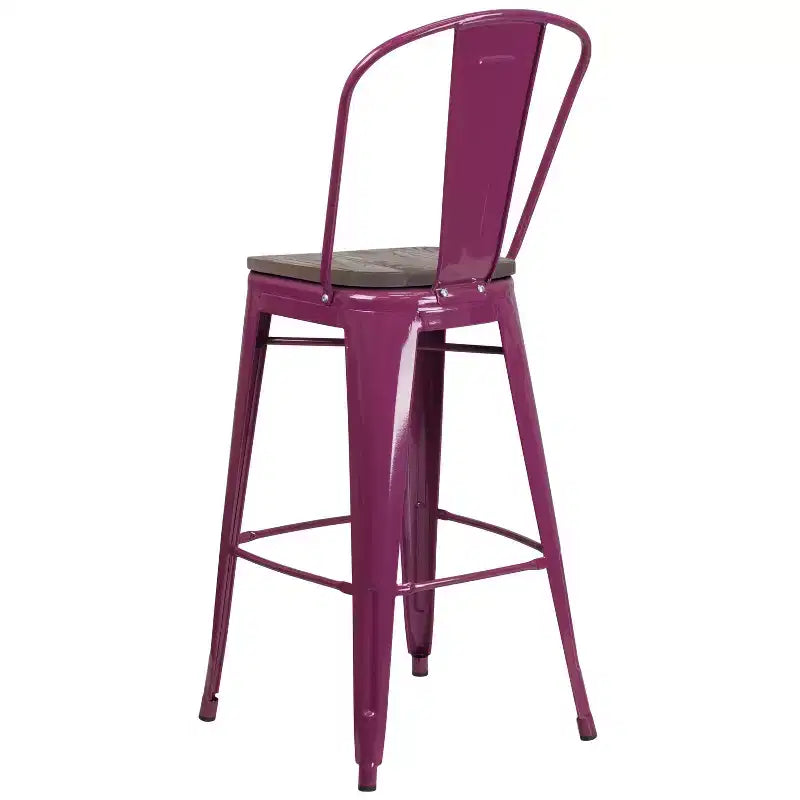 30" Metal Indoor-Outdoor Counter Stool with Vertical Slat Back, Integrated Footrest and Wood Seat
