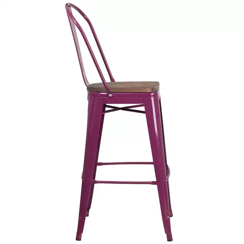 30" Metal Indoor-Outdoor Counter Stool with Vertical Slat Back, Integrated Footrest and Wood Seat