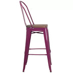 Tabouret de comptoir intérieur/extérieur en métal de 30 po avec dossier à lattes verticales, repose-pieds intégré et siège en bois