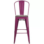 Tabouret de comptoir intérieur/extérieur en métal de 30 po avec dossier à lattes verticales, repose-pieds intégré et siège en bois