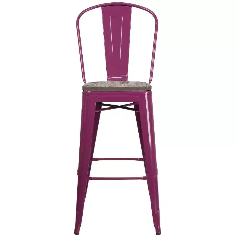 30" Metal Indoor-Outdoor Counter Stool with Vertical Slat Back, Integrated Footrest and Wood Seat
