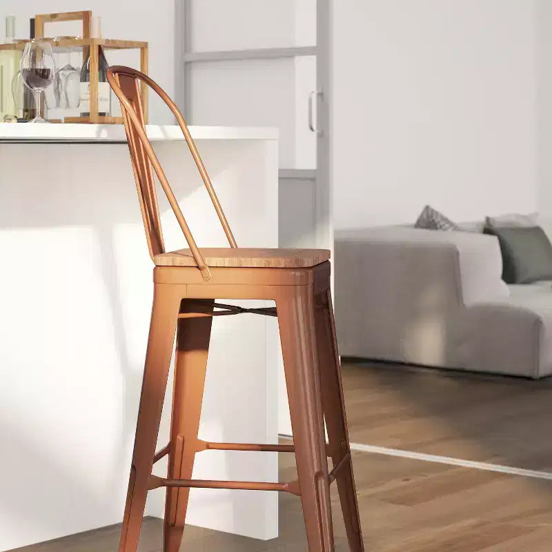 30" Metal Indoor-Outdoor Counter Stool with Vertical Slat Back, Integrated Footrest and Wood Seat
