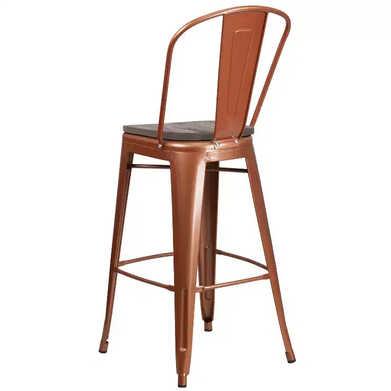 30" Metal Indoor-Outdoor Counter Stool with Vertical Slat Back, Integrated Footrest and Wood Seat