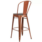 Tabouret de comptoir intérieur/extérieur en métal de 30 po avec dossier à lattes verticales, repose-pieds intégré et siège en bois