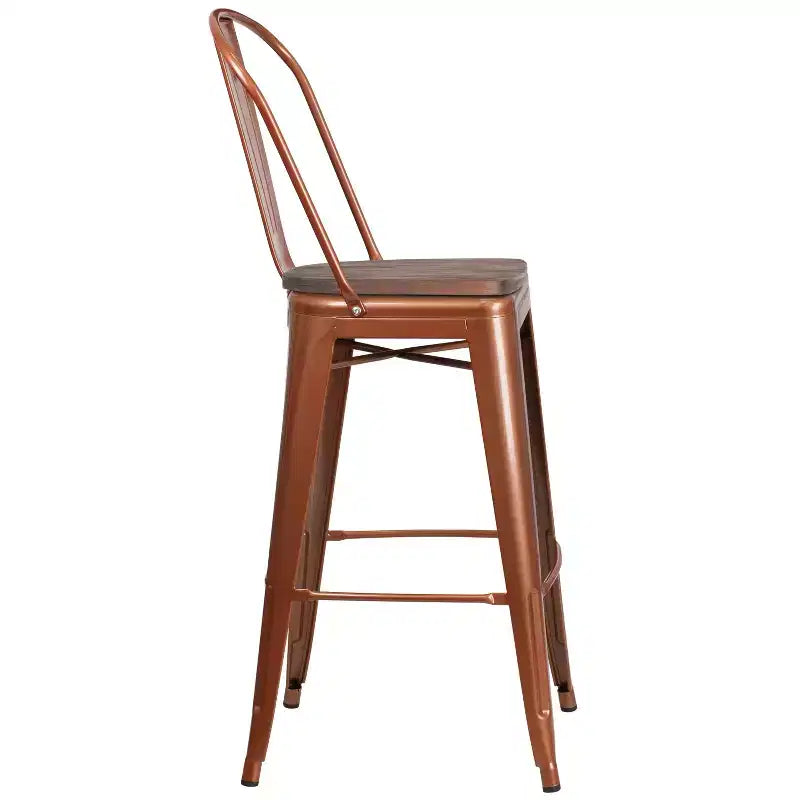 30" Metal Indoor-Outdoor Counter Stool with Vertical Slat Back, Integrated Footrest and Wood Seat