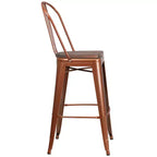 Tabouret de comptoir intérieur/extérieur en métal de 30 po avec dossier à lattes verticales, repose-pieds intégré et siège en bois
