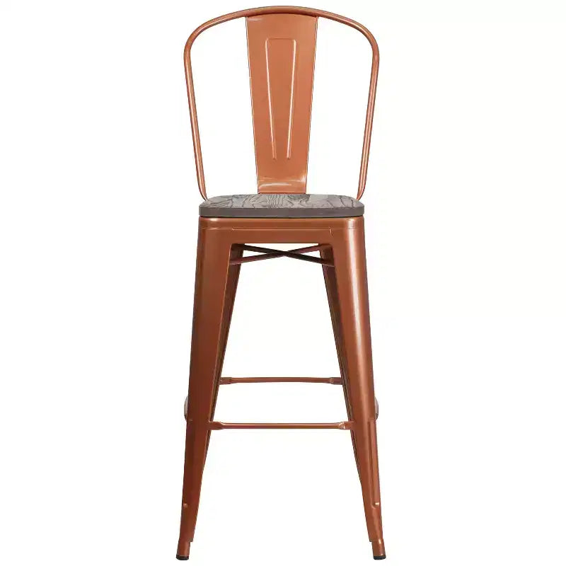 30" Metal Indoor-Outdoor Counter Stool with Vertical Slat Back, Integrated Footrest and Wood Seat