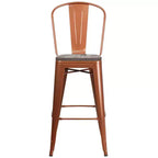 Tabouret de comptoir intérieur/extérieur en métal de 30 po avec dossier à lattes verticales, repose-pieds intégré et siège en bois
