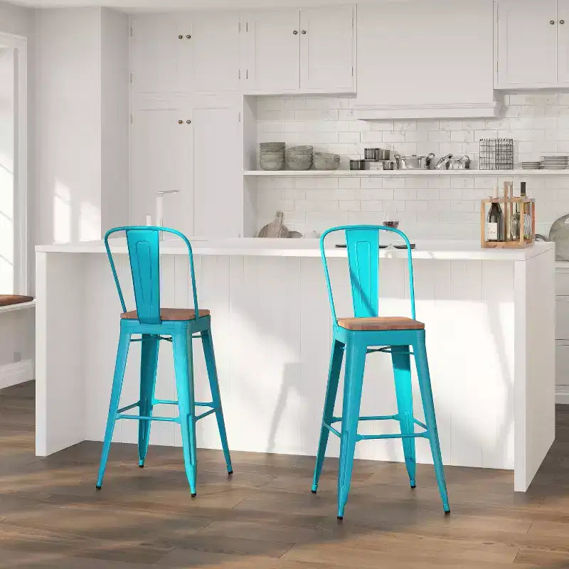 30" Metal Indoor-Outdoor Counter Stool with Vertical Slat Back, Integrated Footrest and Wood Seat
