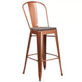 30" Metal Indoor-Outdoor Counter Stool with Vertical Slat Back, Integrated Footrest and Wood Seat