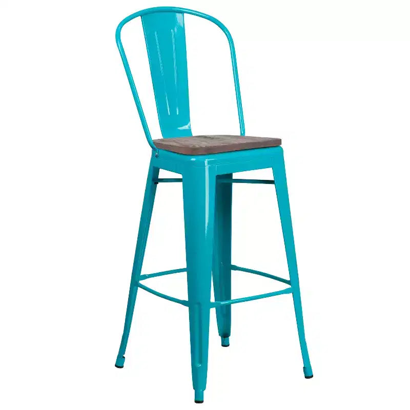 Merrick Lane 30 Metal Indoor-Outdoor Counter Stool with Vertical Slat Back, Integrated Footrest and Wood Seat