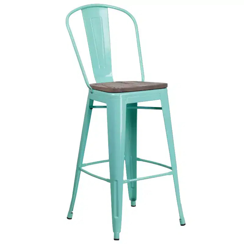 30" Metal Indoor-Outdoor Counter Stool with Vertical Slat Back, Integrated Footrest and Wood Seat