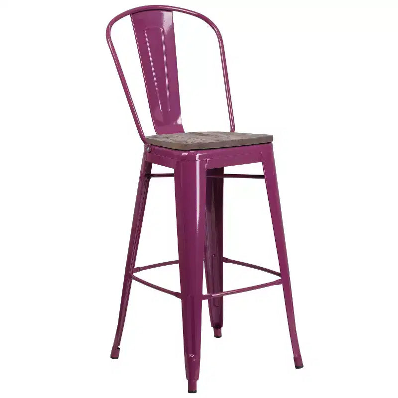 30" Metal Indoor-Outdoor Counter Stool with Vertical Slat Back, Integrated Footrest and Wood Seat