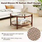 Table basse ronde de 31 po avec plateau en verre trempé et tablette en rotin