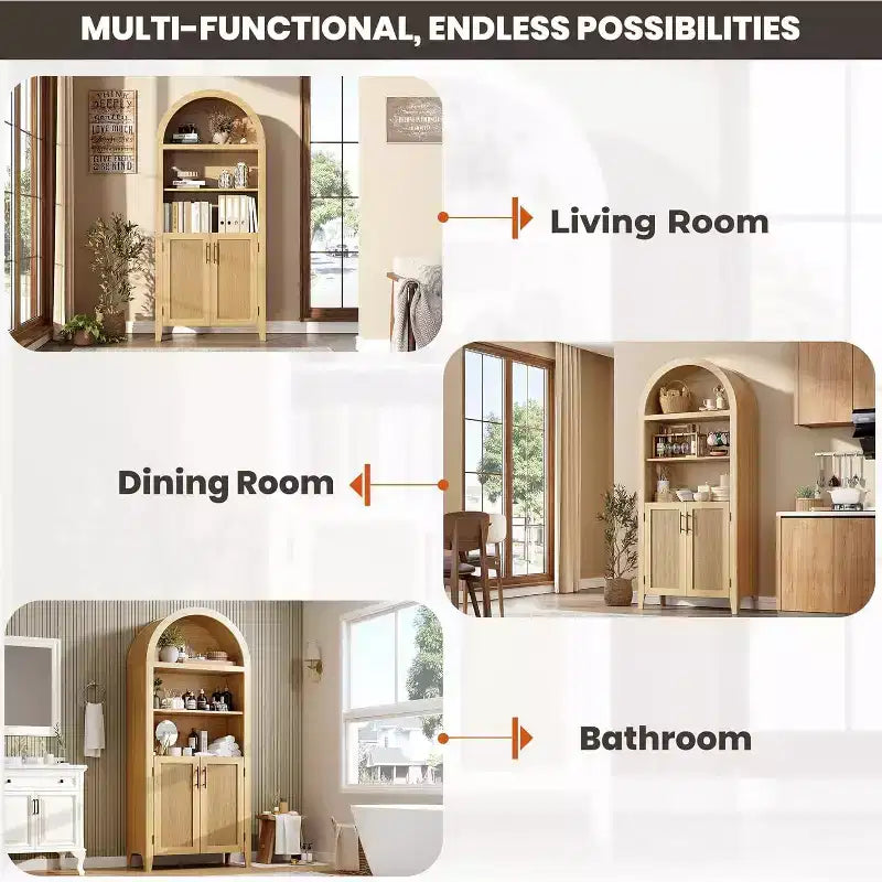 Acekool Armoire de cuisine bombée avec portes en rotin, meuble de rangement de ferme à 5 niveaux pour cuisine, salle à manger, salon