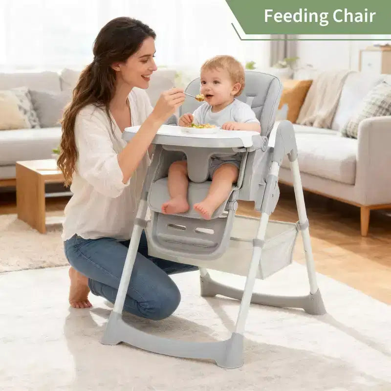 Chaise haute pliable pour bébés et tout-petits, chaise haute en cuir PU avec dossier réglable, hauteur d'assise, plateau amovible, harnais de sécurité 5 points et roues verrouillables
