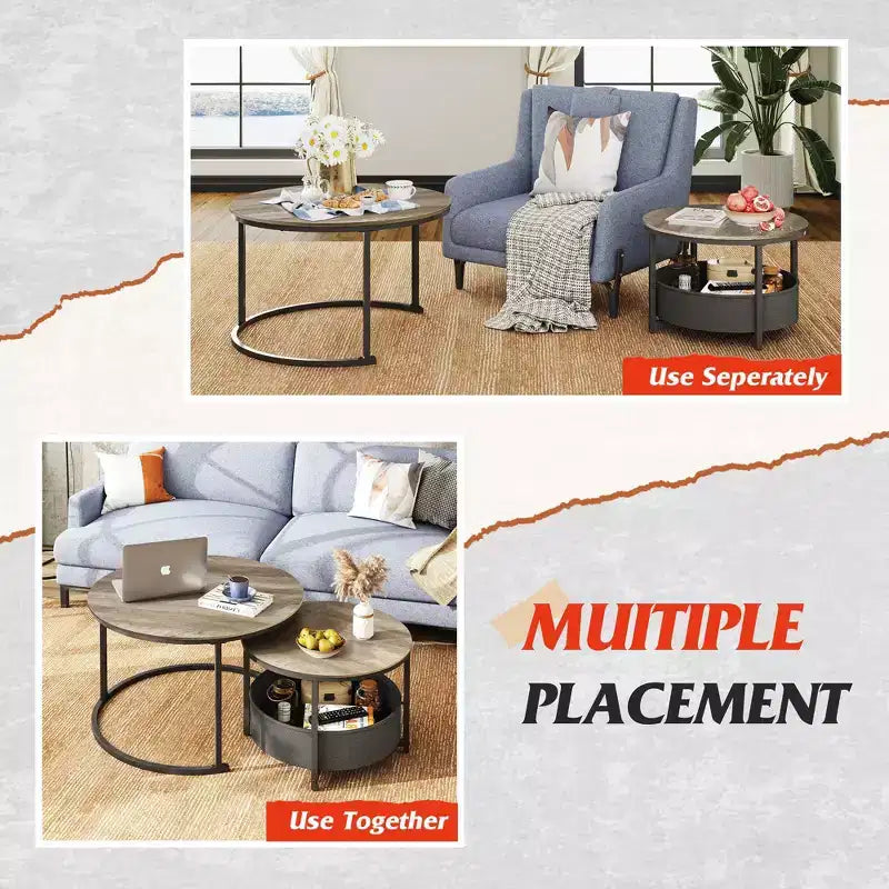 GALAXHERO Lot de 2 tables basses rondes gigognes - Tables d'appoint de 80 cm avec rangement et cadre métallique pour salon/appartement