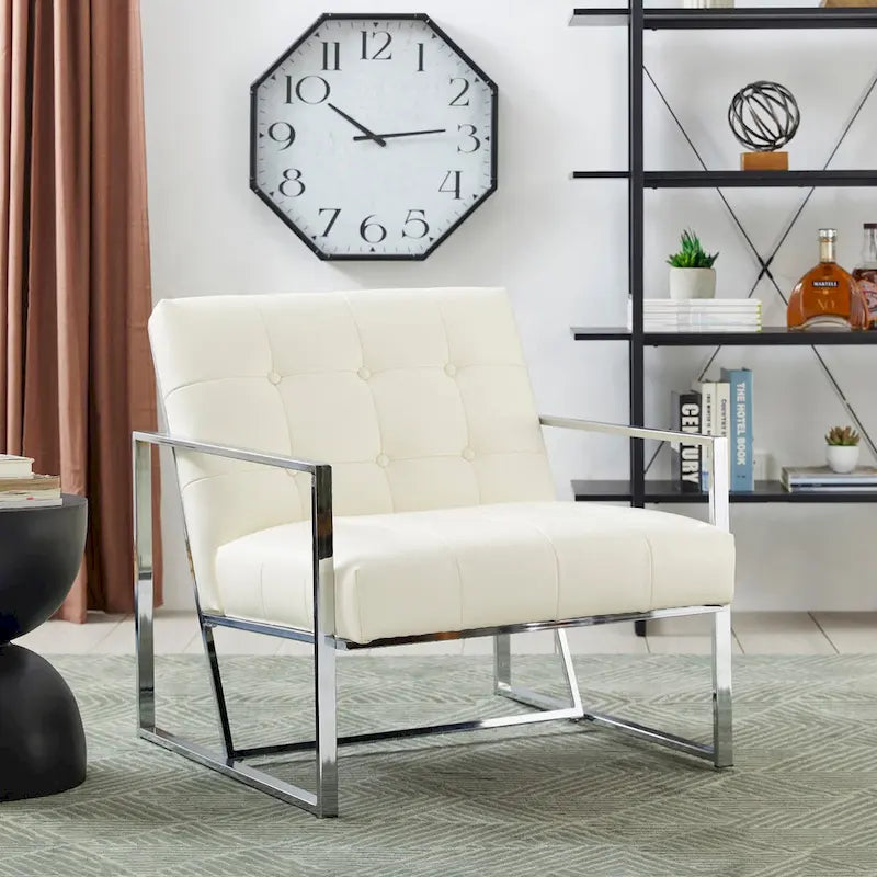 Glitzhome Fauteuil d'appoint touffeté en cuir PU crème, style milieu de siècle, 77,5 cm de hauteur, avec cadre chromé