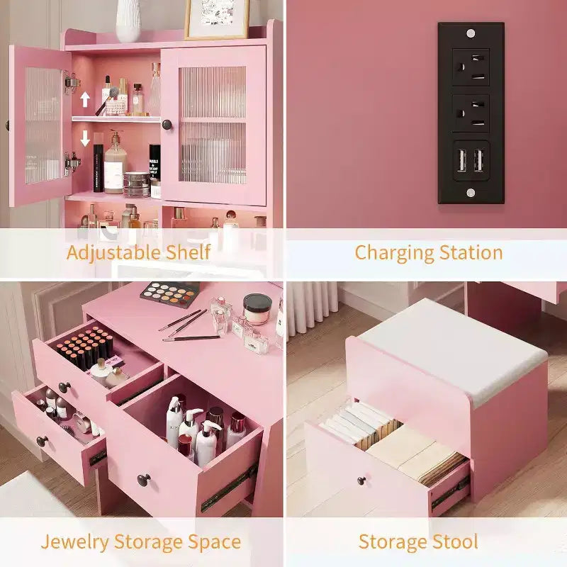 Coiffeuse 3-en-1 avec miroir lumineux, table de toilette compacte avec tiroirs, compartiment de rangement et tabouret roulant pour chambre à coucher