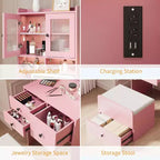 Coiffeuse 3-en-1 avec miroir lumineux, table de toilette compacte avec tiroirs, compartiment de rangement et tabouret roulant pour chambre à coucher