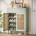 Meuble à chaussures Lantine 6 niveaux moderne bohème avec portes, tiroir et étagère réglable. Design en rotin, vert menthe. Idéal pour l'entrée, le salon.