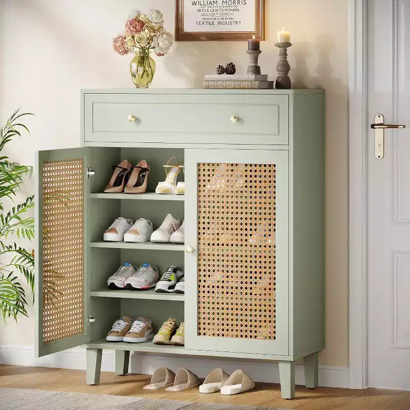Meuble à chaussures Lantine 6 niveaux moderne bohème avec portes, tiroir et étagère réglable. Design en rotin, vert menthe. Idéal pour l'entrée, le salon.