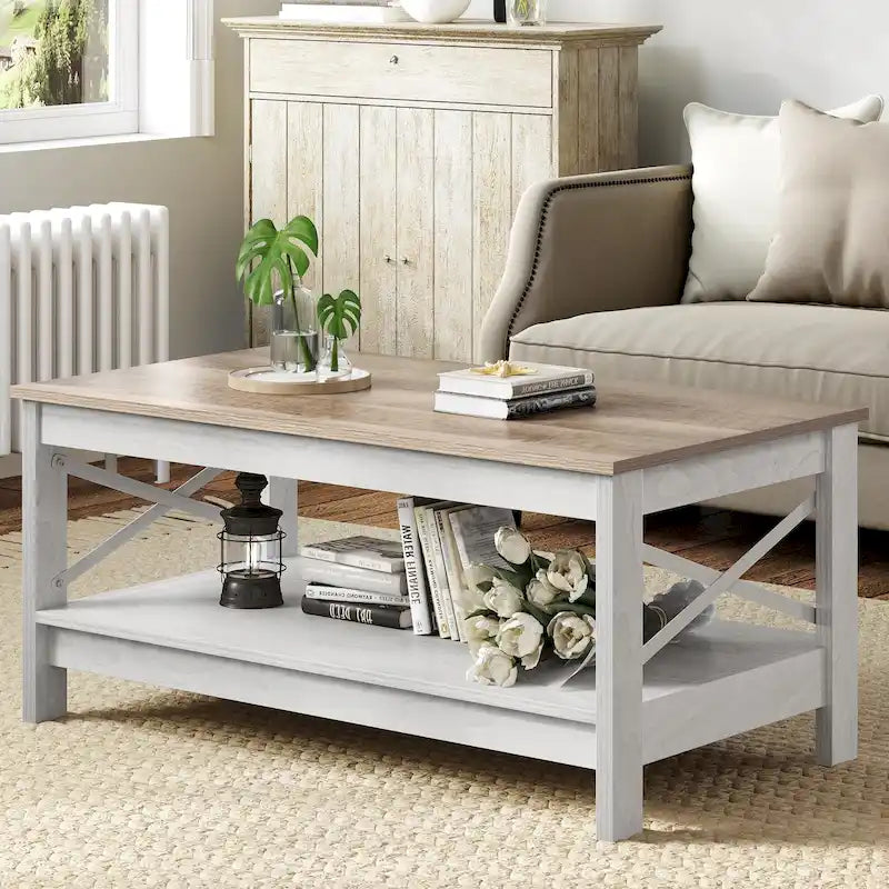 Table basse de ferme avec rangement, table d'appoint à 2 niveaux pour le salon