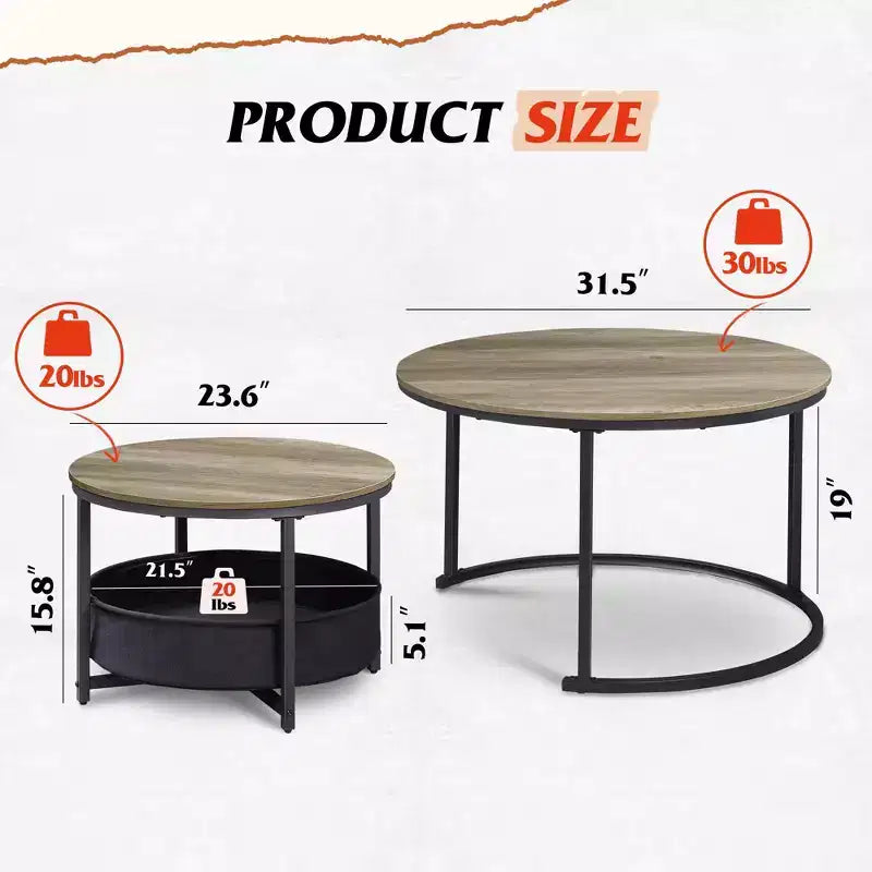 GALAXHERO Lot de 2 tables basses rondes gigognes - Tables d'appoint de 80 cm avec rangement et cadre métallique pour salon/appartement