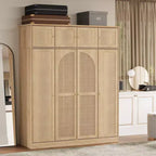 Armoire penderie grande capacité à 8 portes de 180 cm de haut avec tringle, étagères réglables et portes décoratives en rotin