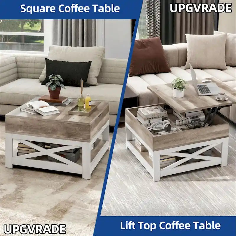 Table basse carrée à plateau relevable Moasis Farmhouse avec étagère de rangement pour salon