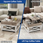 Table basse carrée à plateau relevable Moasis Farmhouse avec étagère de rangement pour salon