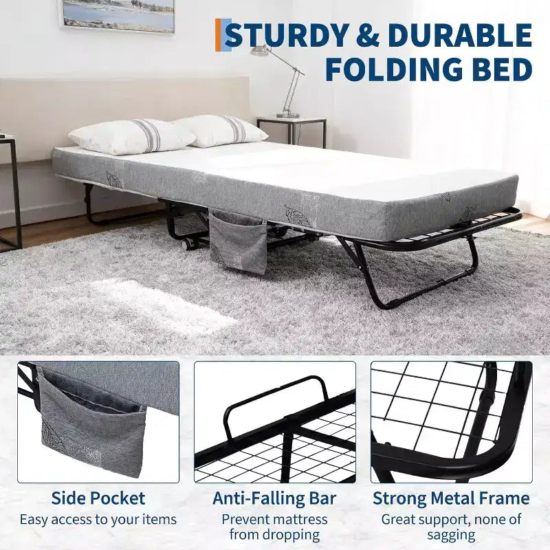 Lit pliant avec matelas pour adultes, lits d'appoint portables, lit pliant avec cadre en métal, matelas en mousse à mémoire de forme 5 et poche de rangement latérale