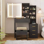Coiffeuse moderne DobleePy avec miroir coulissant et lumières LED, 4 tiroirs, 7 étagères, station de recharge et tabouret, table de maquillage pour chambre à coucher