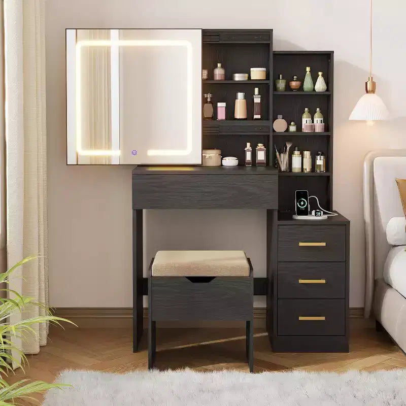 Coiffeuse moderne DobleePy avec miroir coulissant et lumières LED, 4 tiroirs, 7 étagères, station de recharge et tabouret, table de maquillage pour chambre à coucher