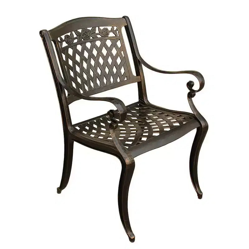 Ensemble de salle à manger de patio 5 pièces, table ronde en aluminium à motif treillis traditionnel de 48 po, finition bronze résistante aux UV - Oakland Living : sièges d'extérieur pour quatre personnes