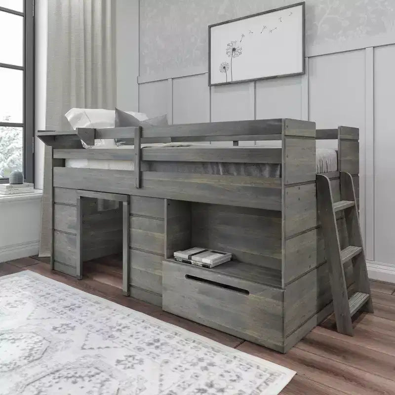 Lit mezzanine bas Max & Lily Modern Farmhouse avec tiroir de rangement, lit en bois massif pour enfants