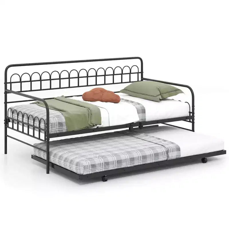 Lit de Repos Jumeau Costway avec Lit Gigogne, Dossier et Accoudoirs Courbés, Lattes en Métal Robuste, Noir/Doré