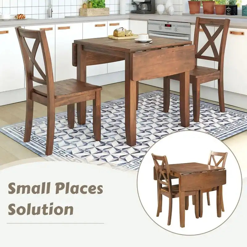 Ensemble de salle à manger 3 pièces avec table à rabats en bois et 2 chaises à dossier en X pour petits espaces