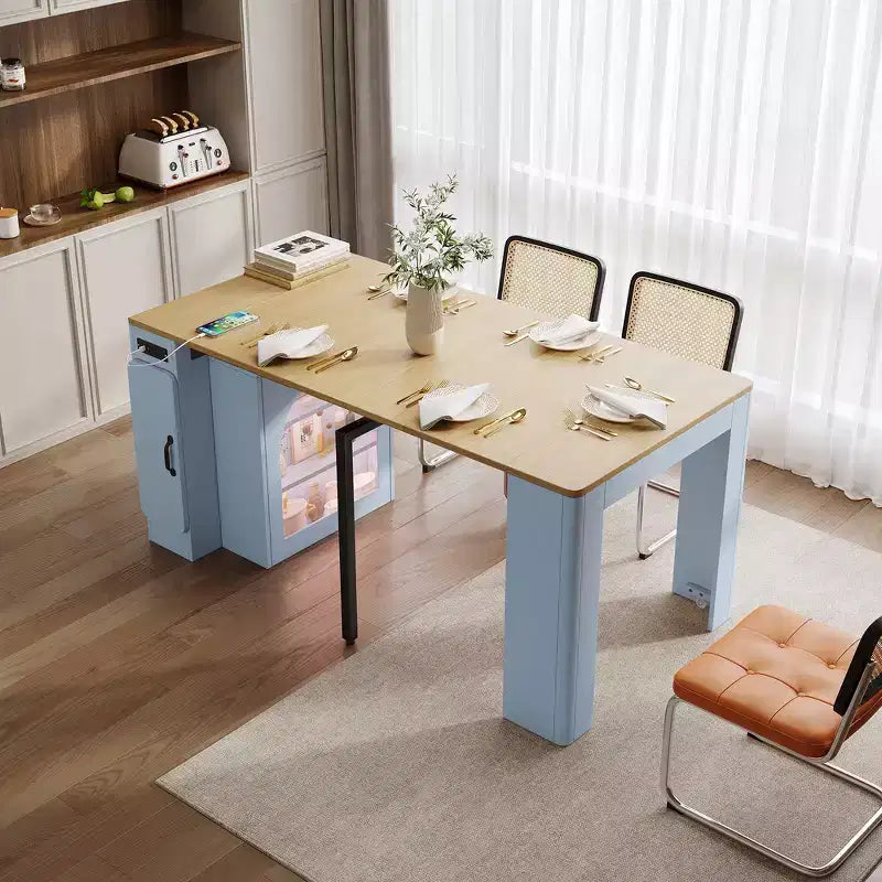 Table à manger extensible Whisen, table îlot mobile roulante avec 3 rallonges amovibles, meuble de rangement