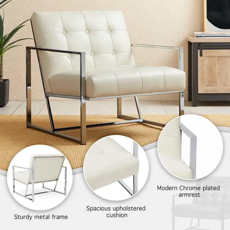 Glitzhome Fauteuil d'appoint touffeté en cuir PU crème, style milieu de siècle, 77,5 cm de hauteur, avec cadre chromé