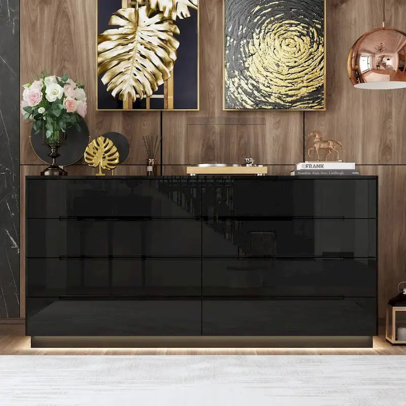 Commode haute brillance 63 po avec 8 tiroirs lumineux et plateau spacieux