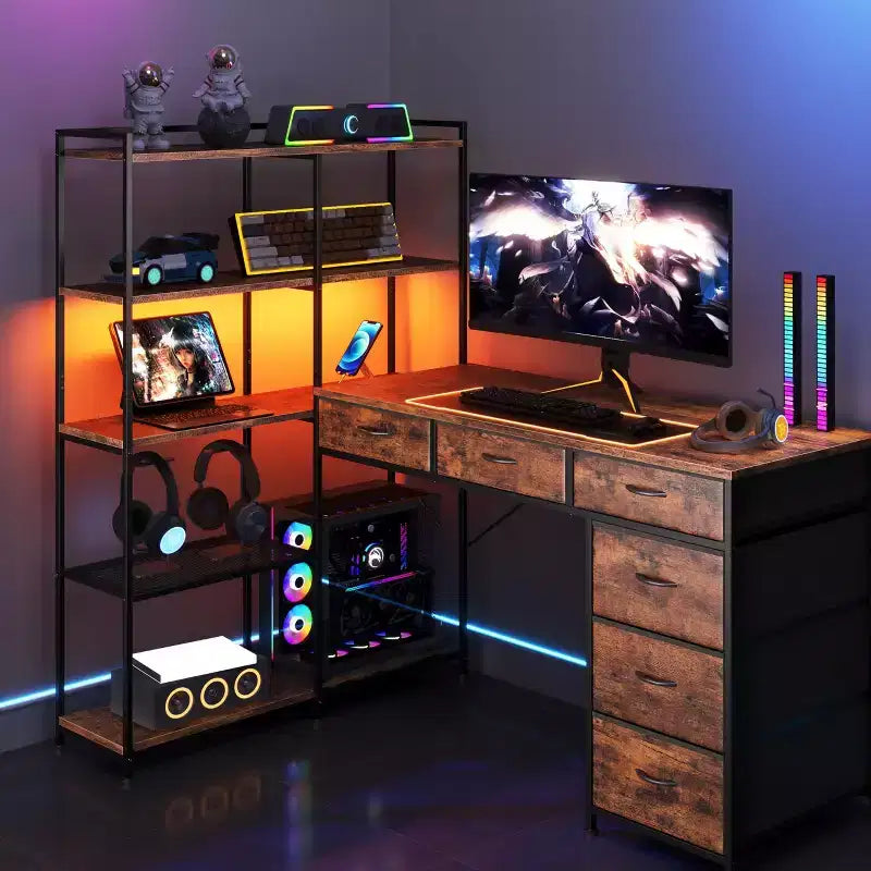 Bureau d'ordinateur en L de 120 cm avec 6 tiroirs et 5 étagères, bureau de jeu d'angle réversible avec lumières LED et prises de courant