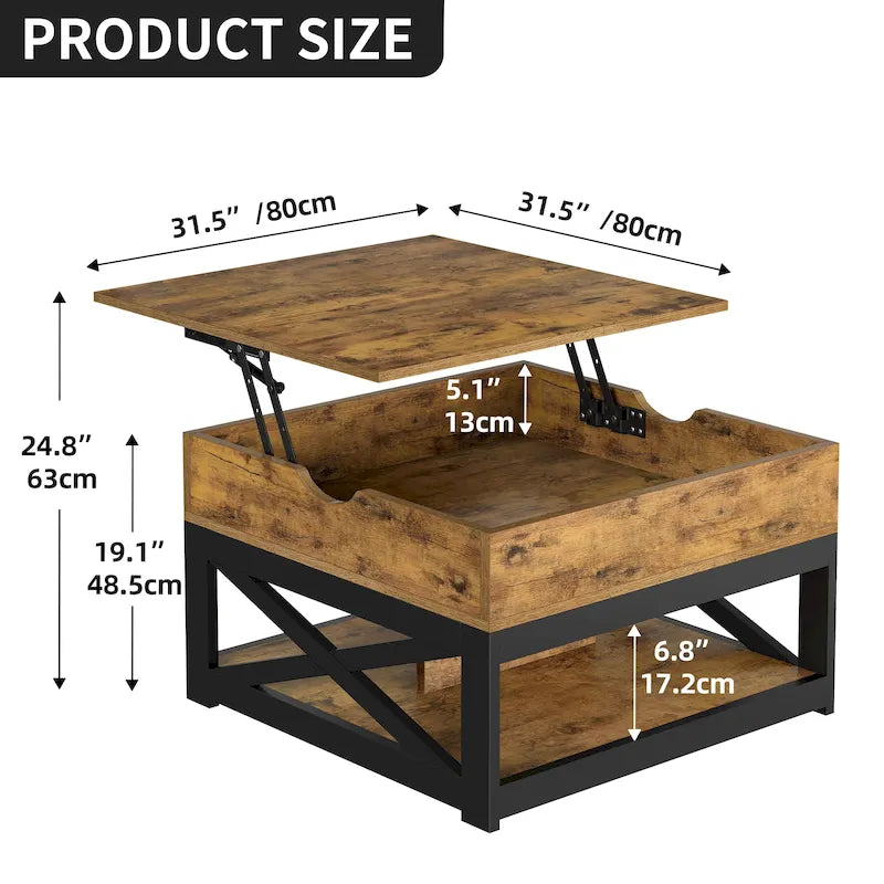 Table basse carrée à plateau relevable Moasis Farmhouse avec étagère de rangement pour salon