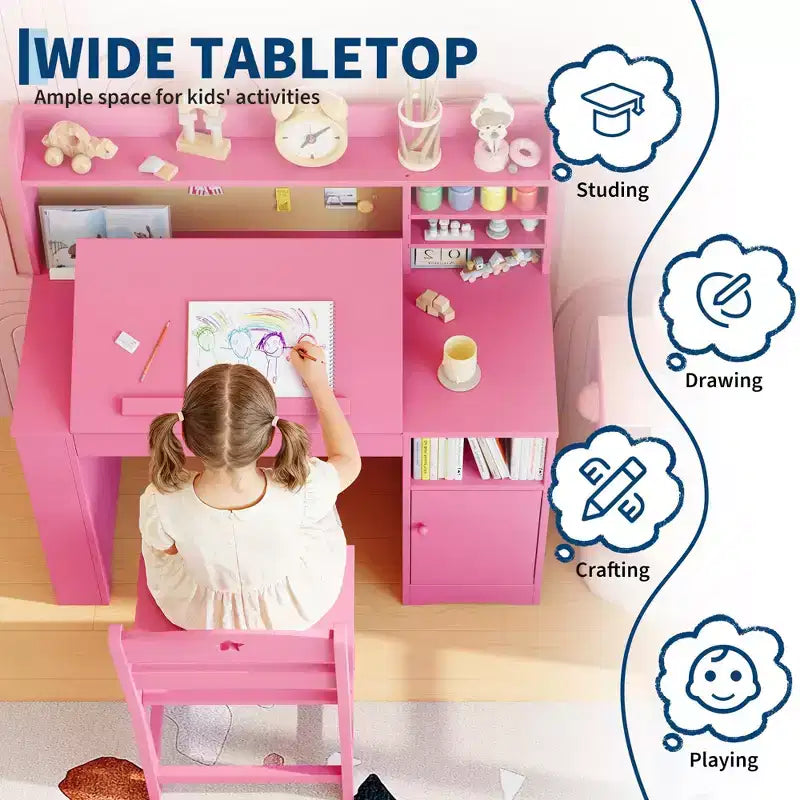 Bureau et chaise d'étude pour enfants avec rangement, bureau d'étude pour enfants avec étagère et plateau inclinable, table en bois pour enfants avec meuble de rangement pour les 3-8 ans